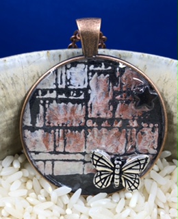 Gelli Plate Pendant with silver butterfly and hematite heart