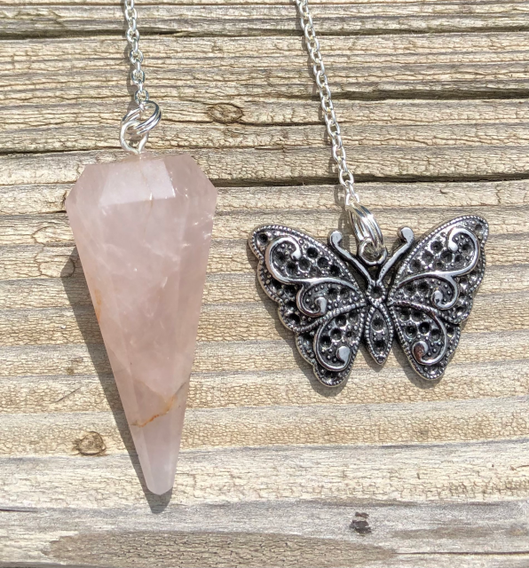 Rose Quartz Pendulum with Silver Butterfly Charm