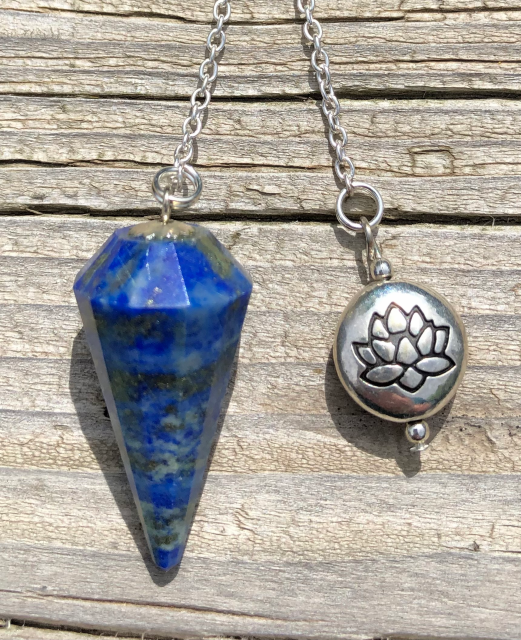 Lapis Pendulum with Silver Lotus Charm