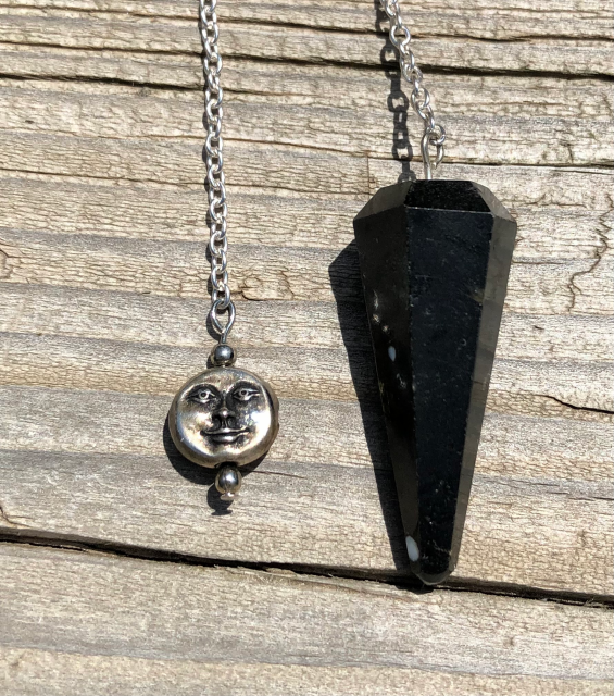 Black Obsidian Pendulum with Silver Moon Face Bead
