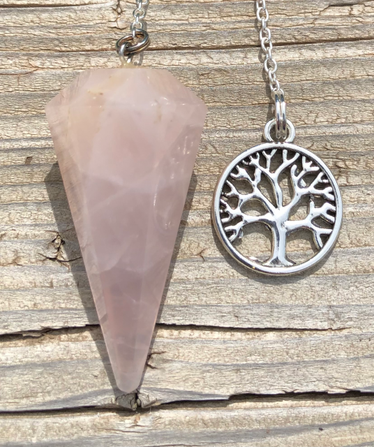 Rose Quartz Pendulum with Silver Tree Charm