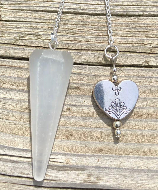 Selenite Pendulum with Silver Heart Charm