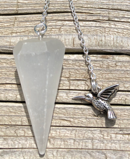 Selenite Pendulum With Silver Humming Bird Charm