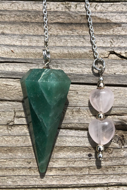 Green Aventurine Pendulum with Rose Quartz Hearts