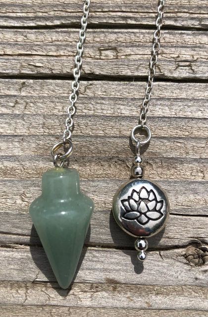 Green Aventurine Pendulum with Silver Lotus Charm