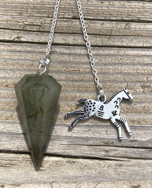 Moss Agate Pendulum with Silver Horse Charm
